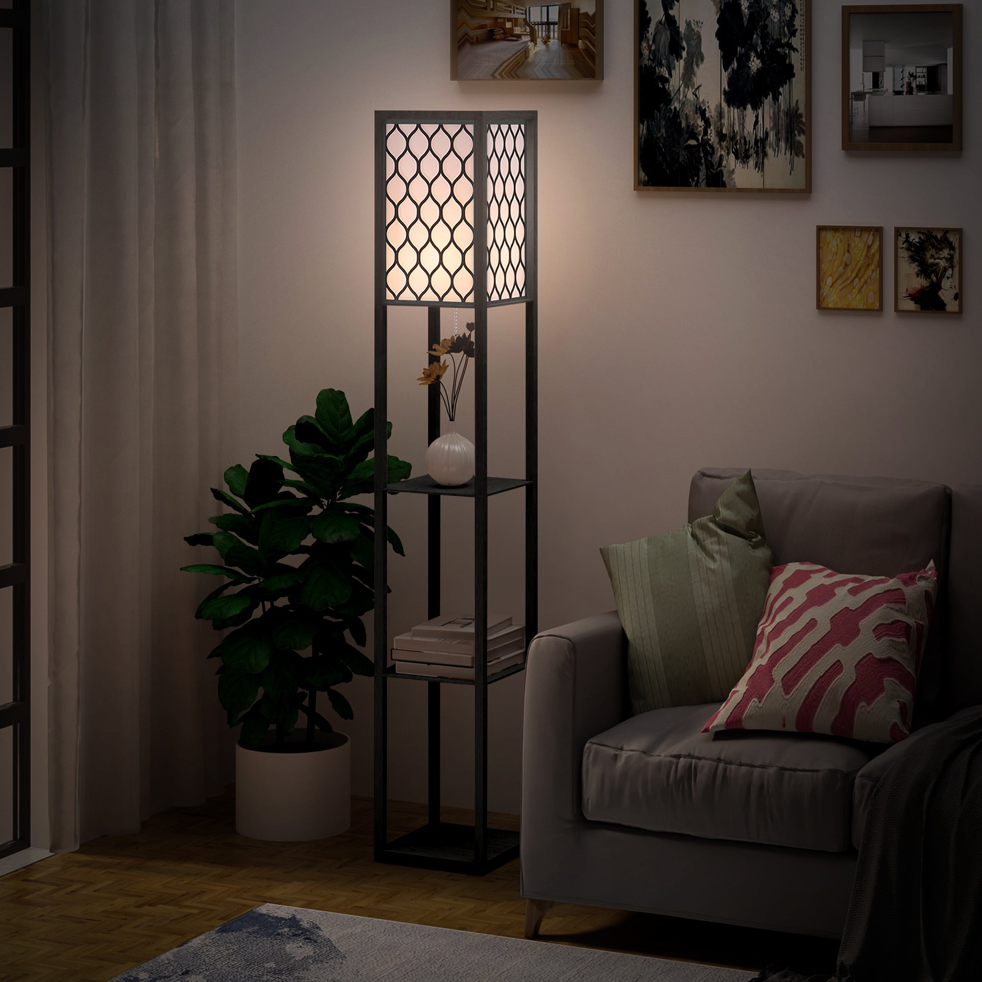 Shelf Floor Lamp Standing Lamp W/4-tier Wooden Open Shelves,26L x 26W x 160Hcm-Black/White