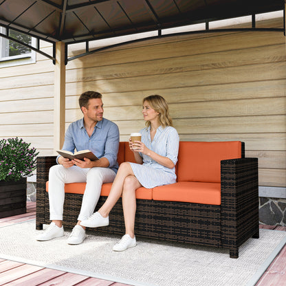 Outsunny 3 Seater Rattan Sofa All-Weather Wicker Weave Metal Frame Chair with Fire Resistant Cushio-Orange
