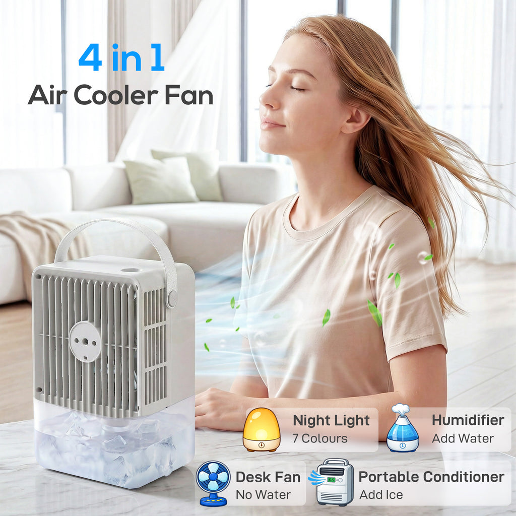 Portable Air Conditioner, 4-in-1 Mini Air Cooler with 3 Wind Speed, 2 Mist Mode, 7 Colour RGB Light, White