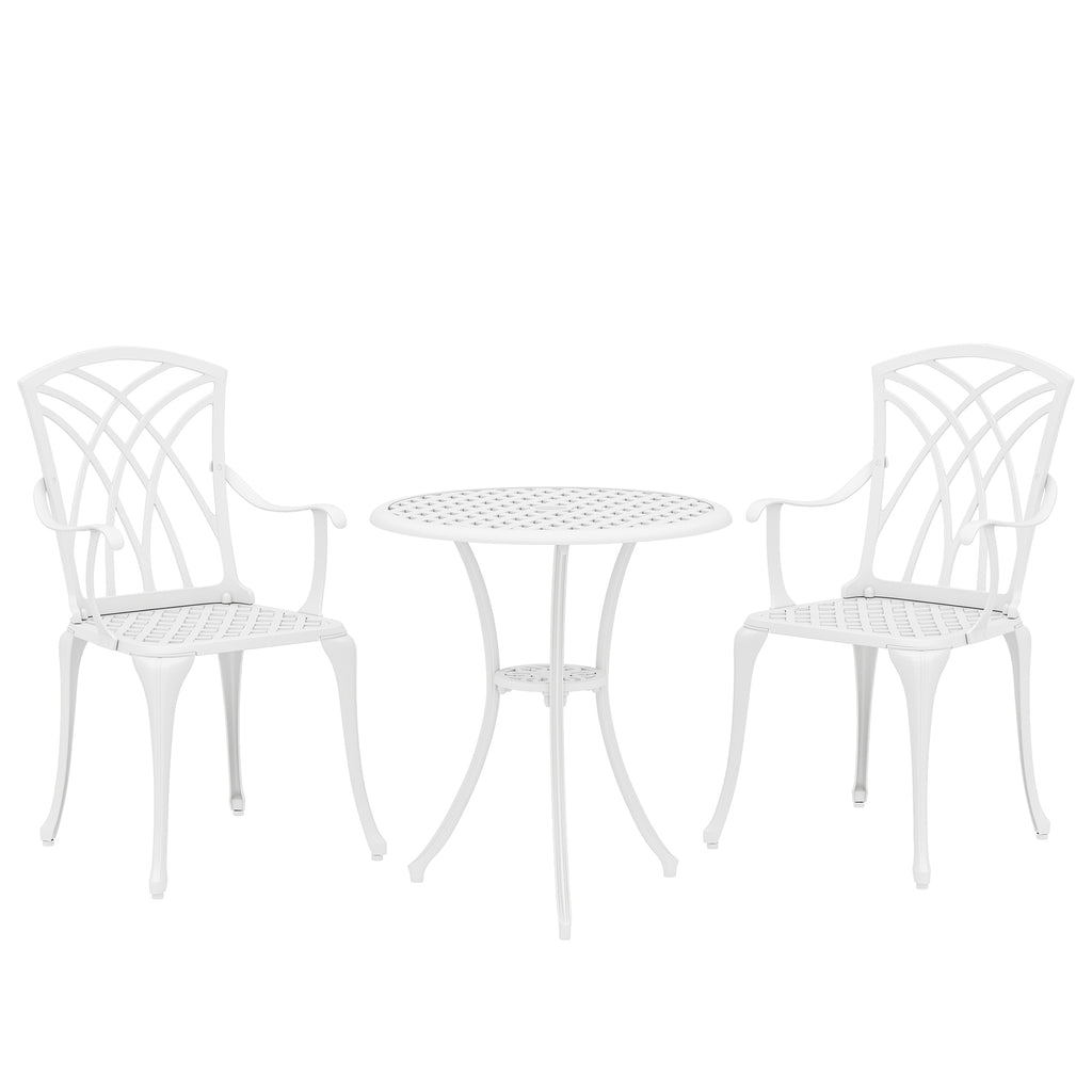 Outsunny 3 Pieces Garden Bistro Set, Cast Aluminium Outdoor Dining Set with 2 Chairs and Round Table with Parasol Hole, White
