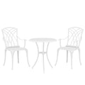 Outsunny 3 Pieces Garden Bistro Set, Cast Aluminium Outdoor Dining Set with 2 Chairs and Round Table with Parasol Hole, White