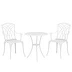 Outsunny 3 Pieces Garden Bistro Set, Cast Aluminium Outdoor Dining Set with 2 Chairs and Round Table with Parasol Hole, White
