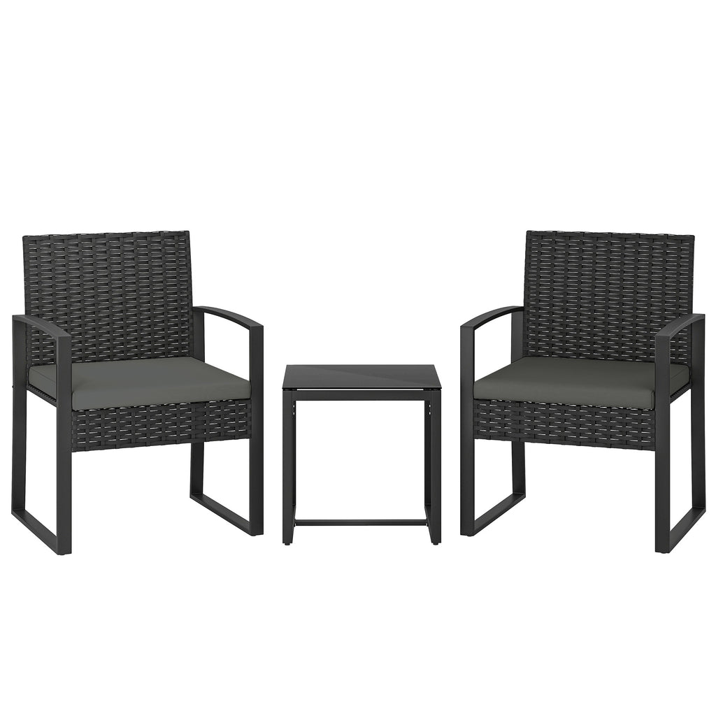 Outsunny Rattan Bistro Set, 3 Piece Garden Furniture Set with Glass Top Table and Cushions, Dark Grey