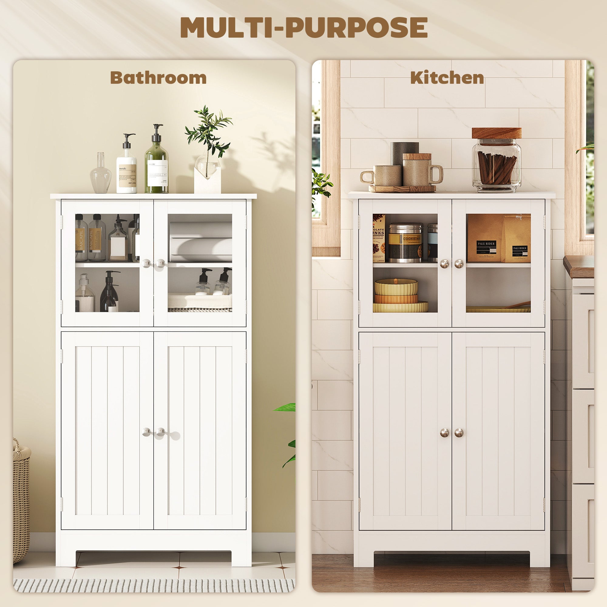 kleankin Bathroom Floor Cabinet, Freestanding Kitchen Cupboard with 2 Drawers, Adjustable Shelves and Tempered Glass Door, Wooden  Storage Unit for Living Room Kitchen Hallway
