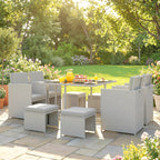 Outsunny 9 Piece Rattan Cube Garden Furniture Dining Set with Armchairs, Footstools and Glass-Top Table, Light Grey