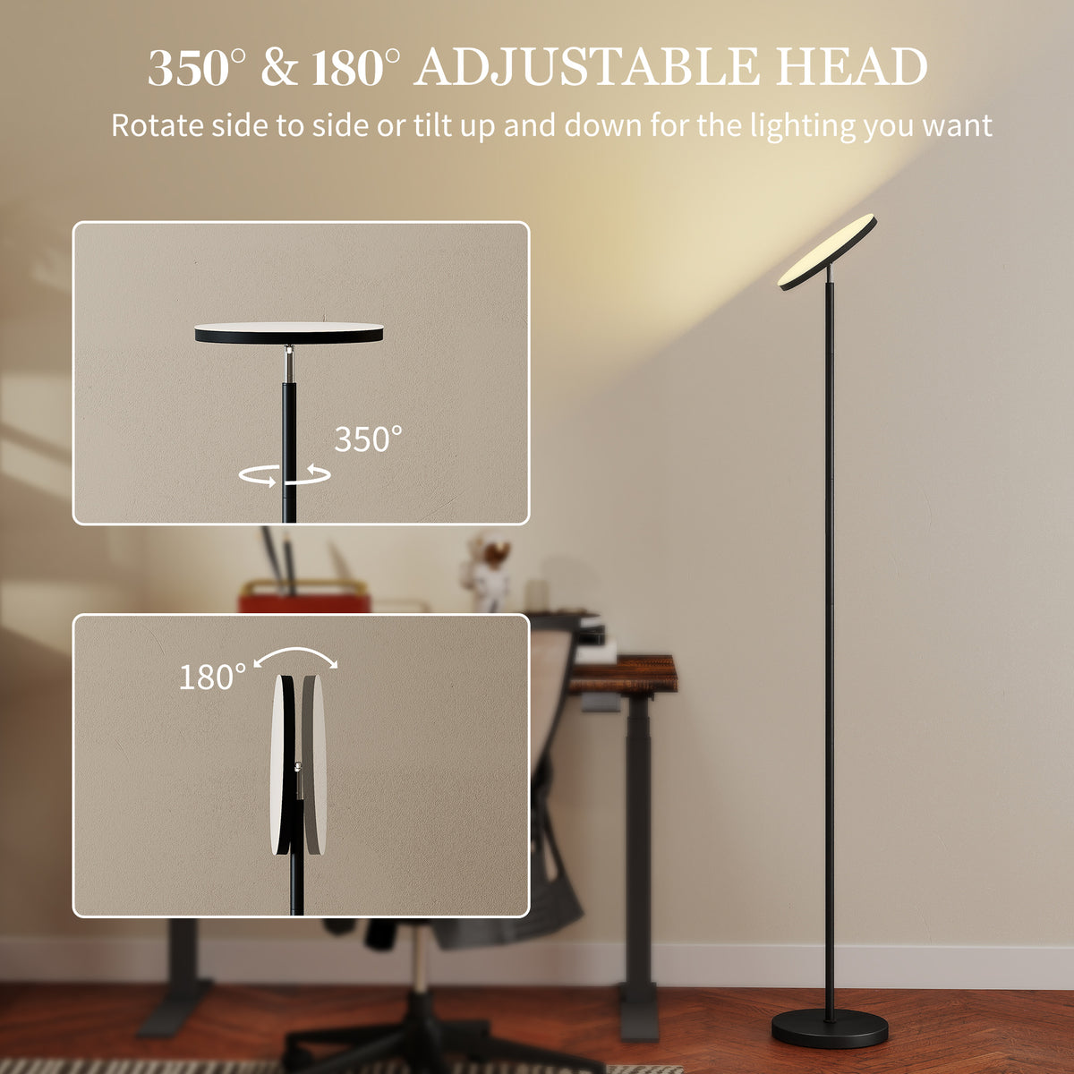 RGB Uplighter Floor Lamp, Tall Dimmable Standing Lamp with Remote & Touch Control, 350° Rotatable Head for Living Room Bedroom, 2700K-6000K Colour Temperatures, Black