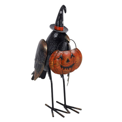 Metal Glitter Raven Ornament with Pumpkin