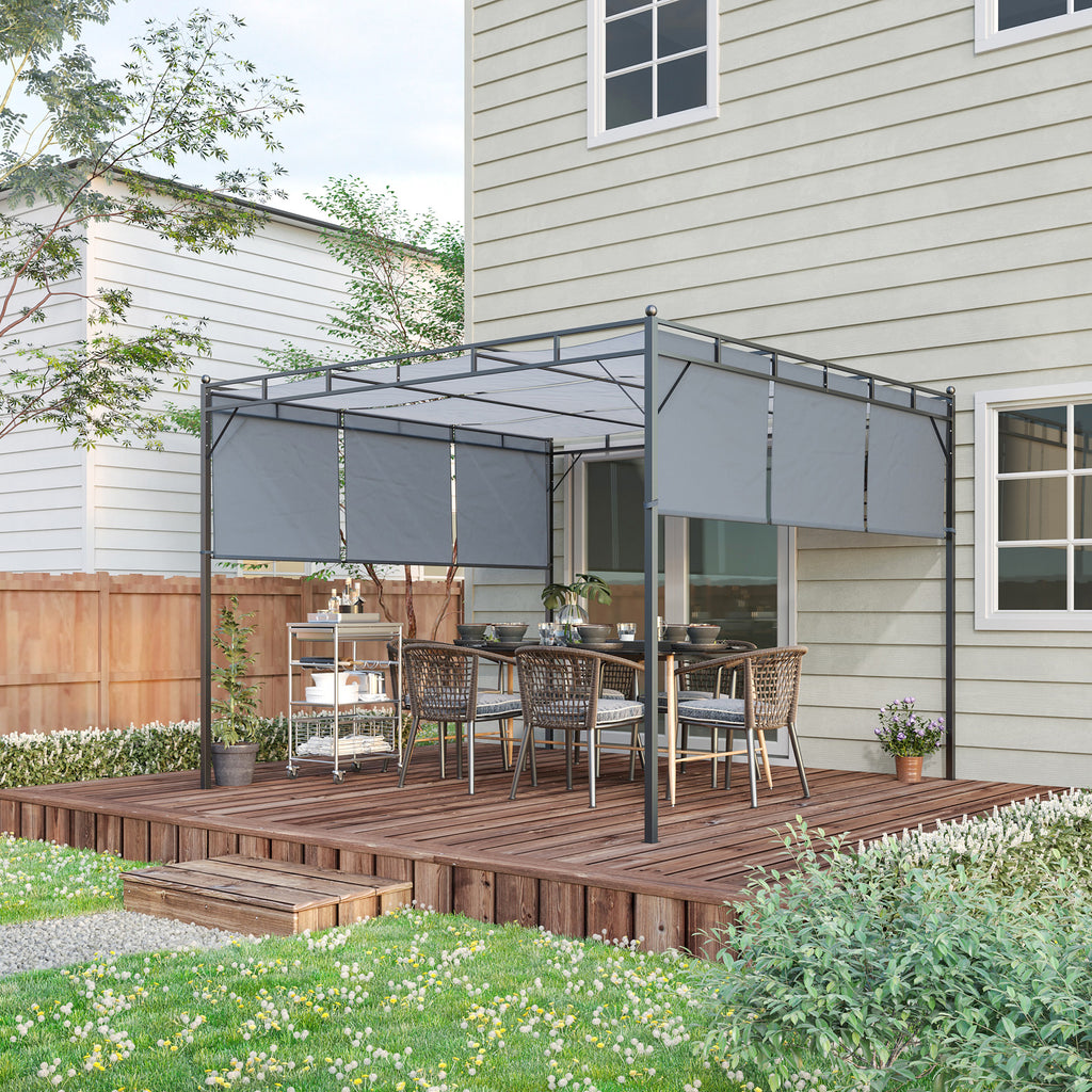 Outsunny 3 x 3(m) Steel Pergola Gazebo with Sliding Roof, Garden Gazebo Canopy Sun Shade Shelter for Outdoor, Deck, Patio, Dark Grey