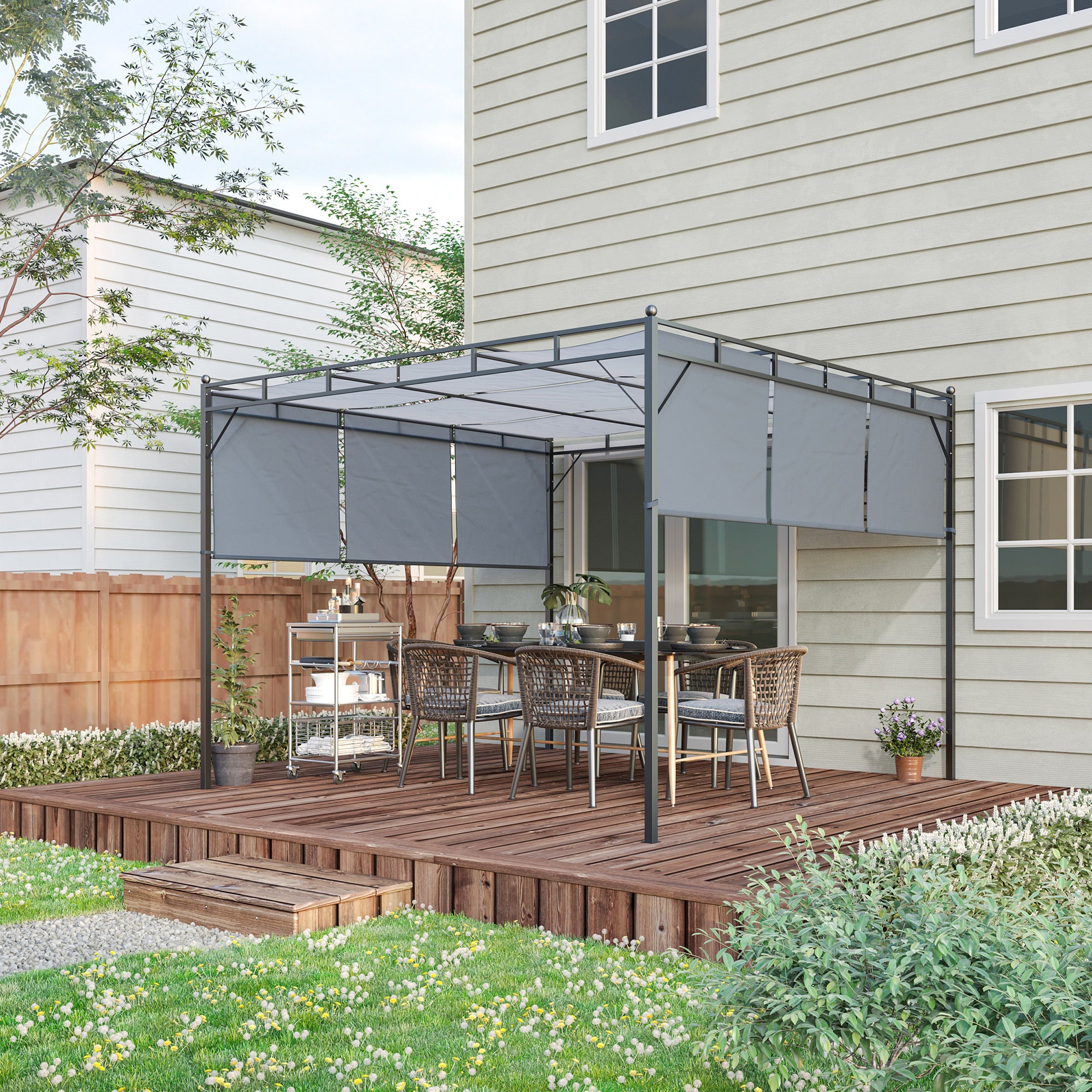Outsunny 3 x 3(m) Steel Pergola Gazebo with Sliding Roof, Garden Gazebo Canopy Sun Shade Shelter for Outdoor, Deck, Patio, Dark Grey