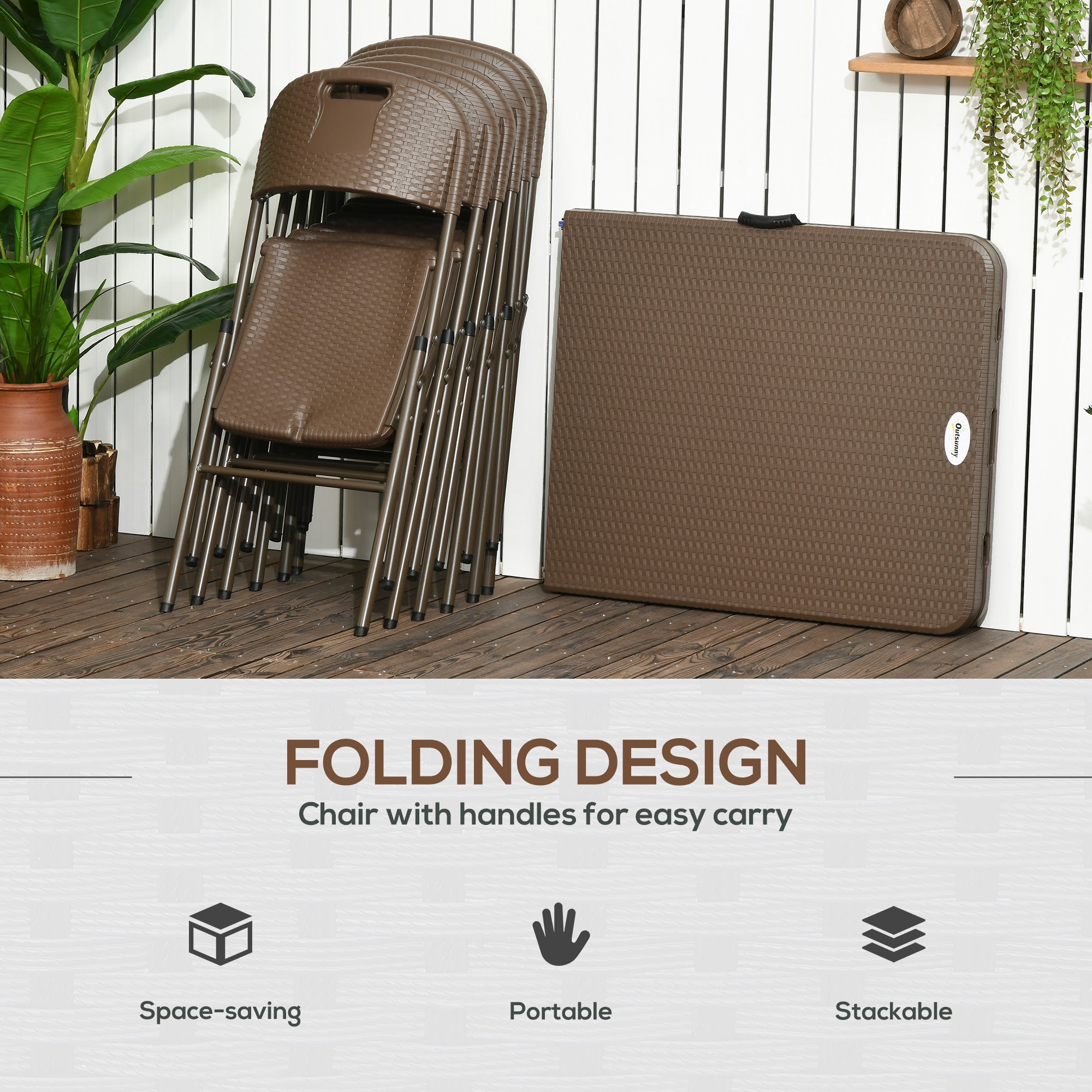 Outsunny 6 Seater Garden Dining Set, Rattan-Style HDPE Garden Furniture Set, Outdoor Dining Table and Chairs with 6 Armchairs and Rectangular Plastic Top Table for Patio, Balcony, Dark Brown