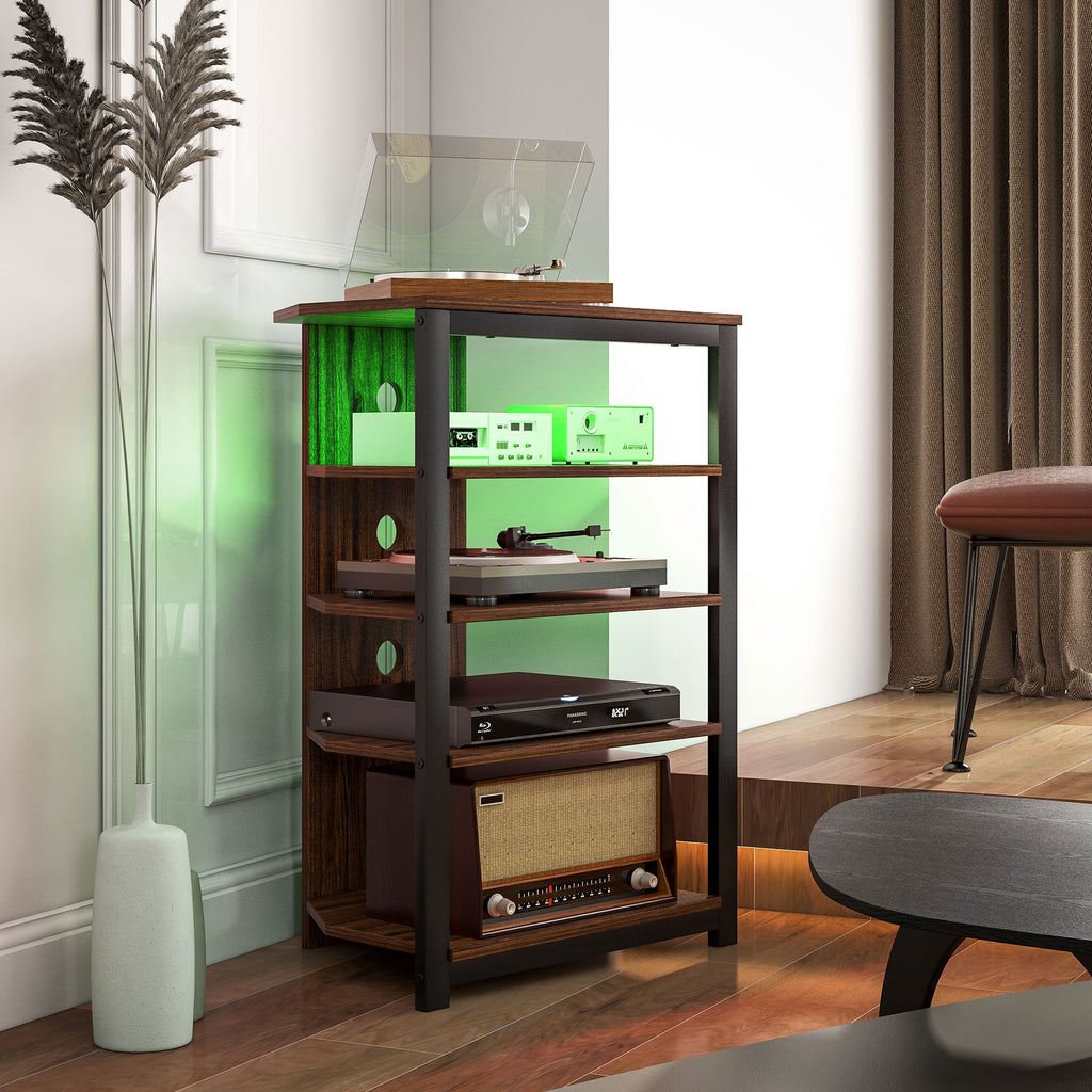 4-Tier Corner TV Stand with Storage, LED Lights, Cable Management, Small Entertainment Centre for TVs up to 29", for Living Room, Bedroom, Brown Wood Effect