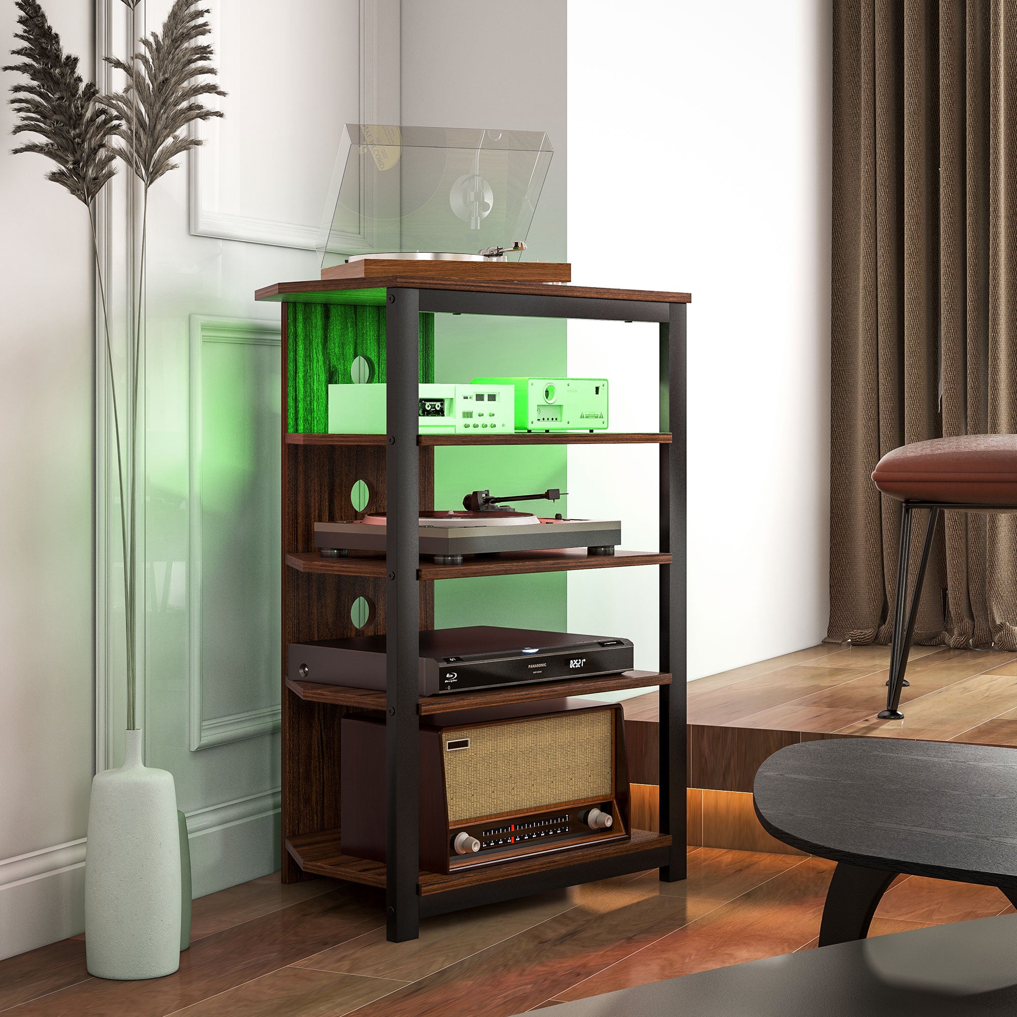 4-Tier Corner TV Stand with Storage, LED Lights, Cable Management, Small Entertainment Centre for TVs up to 29", for Living Room, Bedroom, Brown Wood Effect