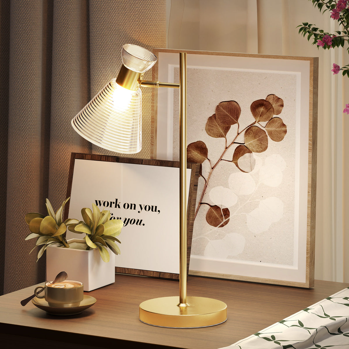 Modern Table Lamp, Bedside Lamp with Adjustable Flower-Shaped Head and E27 Socket for Living Room Bedroom Study, Bulb Not Included, Gold Tone
