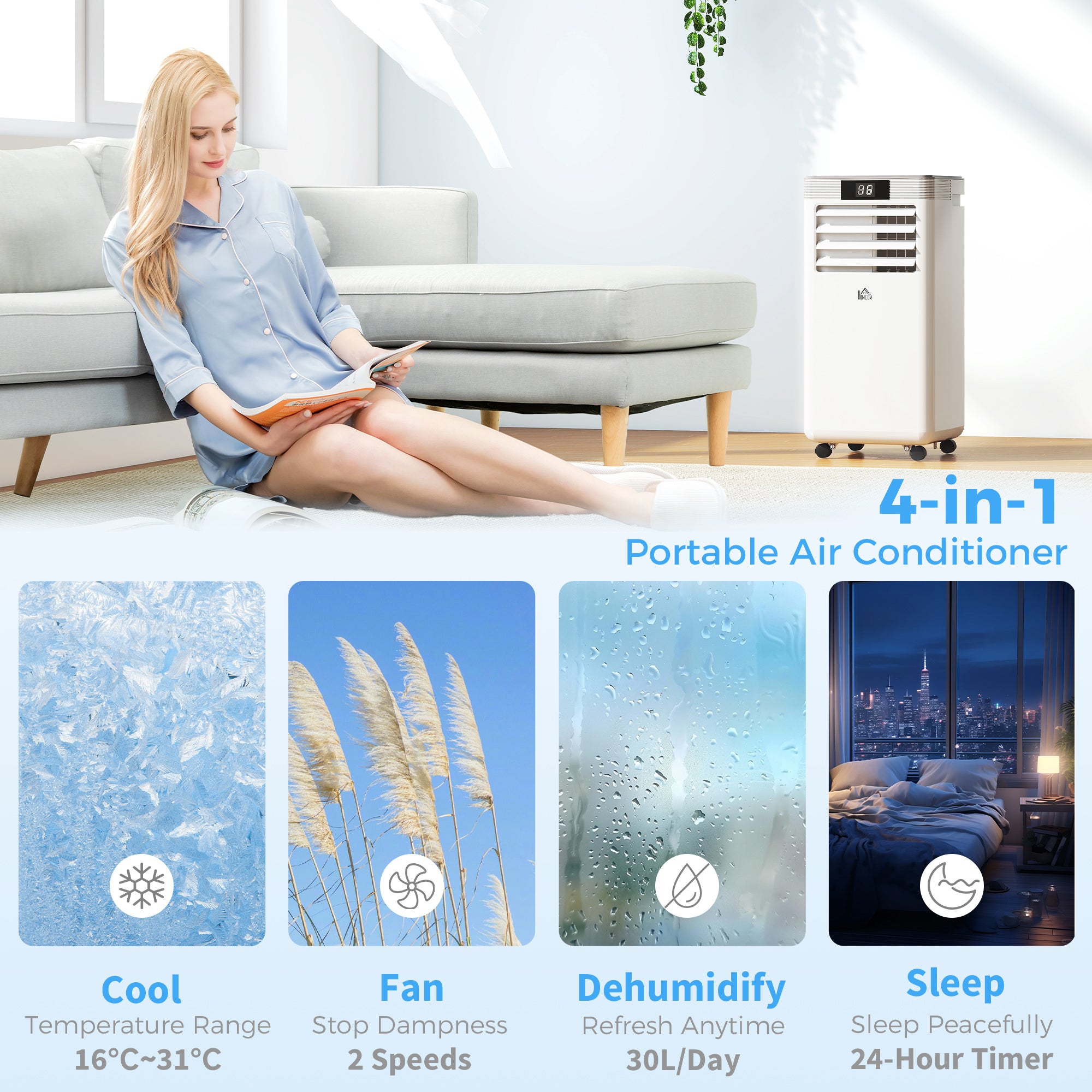 7000 BTU Air Conditioning Unit, 3-in-1 Portable Air Conditioner, Dehumidifier, Cooling Fan with Remote Control, LED Display, 2 Speeds, 24H Timer, Window Venting Kit, 15m²