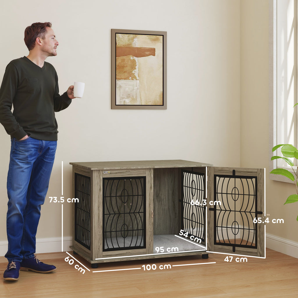 PawHut Indoor Dog Crate Furniture End Table with Soft Washable Cushion, Lockable Front Door, for Large Dogs - Grey