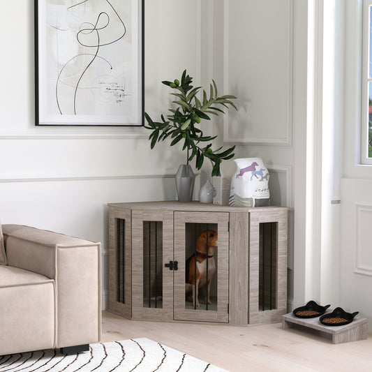 PawHut Dog Crate Furniture Side Table, with Cushion, 104 x 55 x 63cm - Walnut Brown