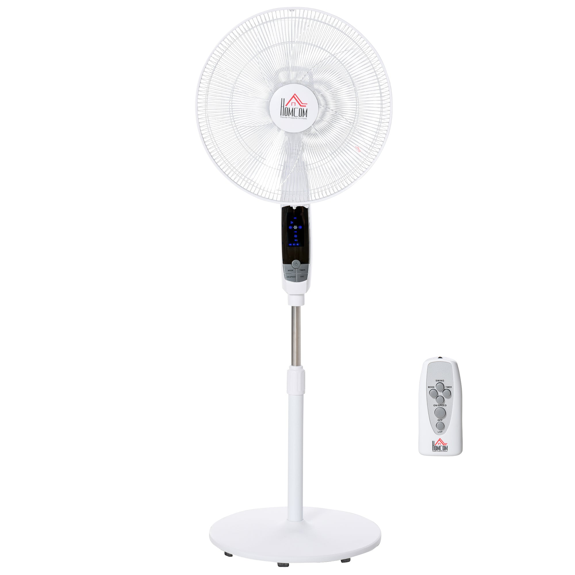 16'' Pedestal Stand Fan, 3 Speed 3 Mode, 85° Oscillation, LED Panel, 3M Remote Controller, Height Adjustable for Living Room, Bedroom, Garage, Office, Black and White