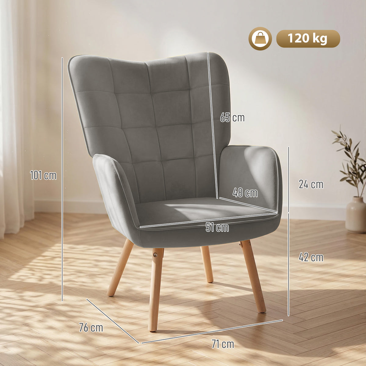 Modern Accent Chair, Upholstered High Back Armchair with Tufted Wingback, Seat Padding, Velvet Leisure Lounge Bedroom Chair with Wood Legs, Grey