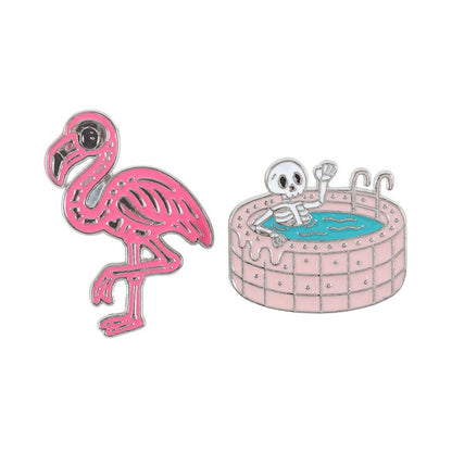 Dead Cool Skeleton and Flamingo Enamel Pin Badges