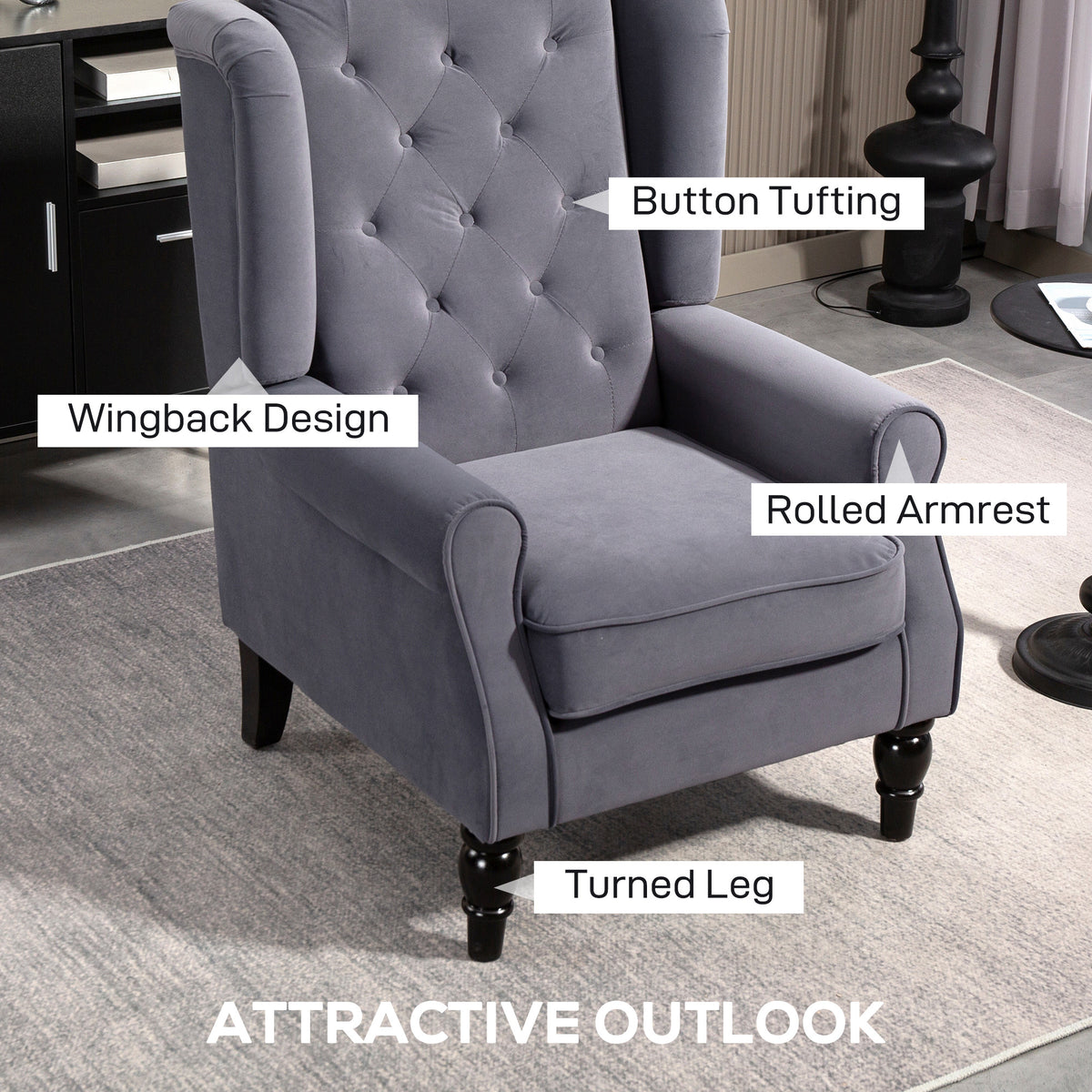 Wingback Accent Chair, Retro Upholstered Button Tufted Occasional Chair for Living Room and Bedroom, Charcoal Grey