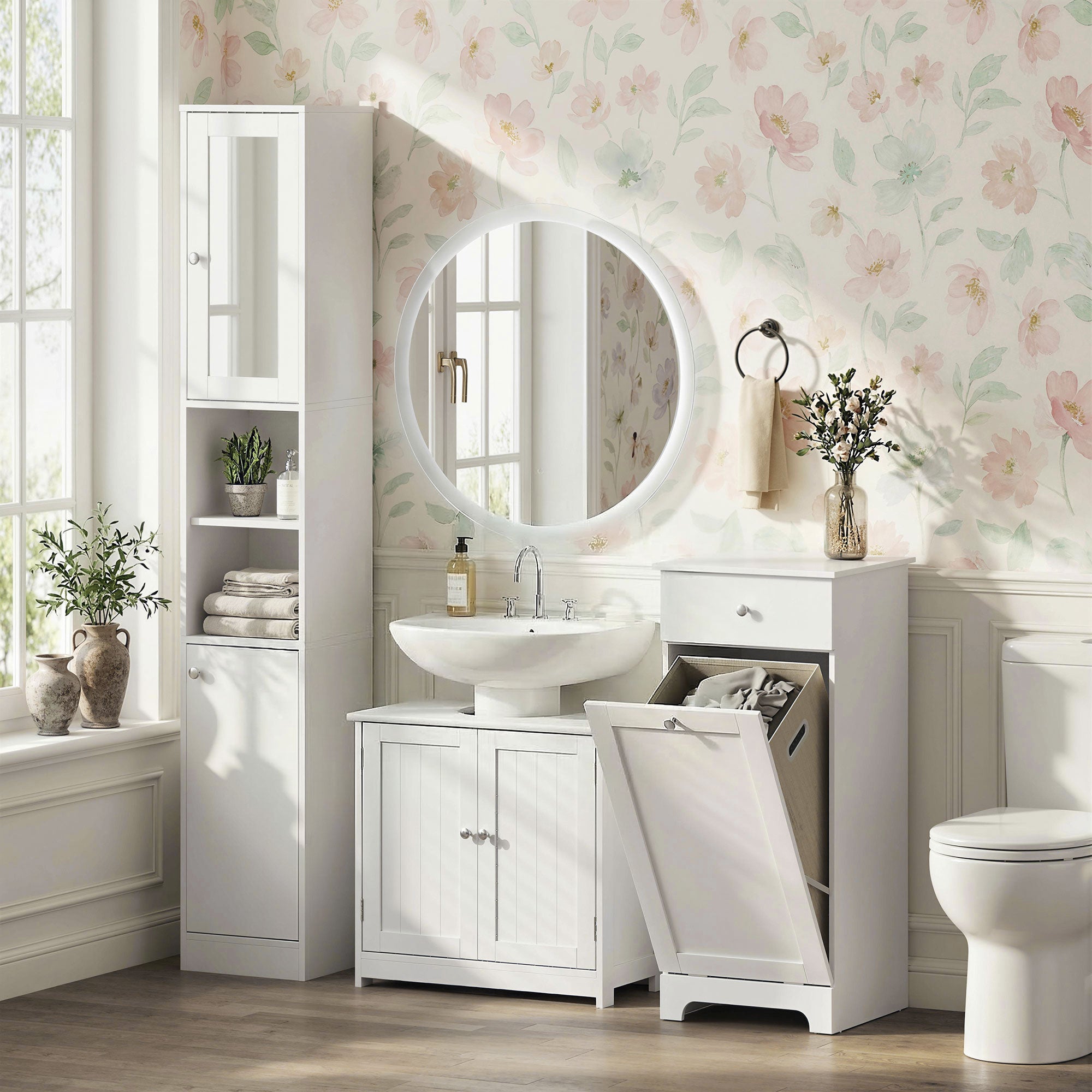 kleankin Under Sink Bathroom Cabinet, Freestanding Under Sink Cabinet with 2 Doors and Adjustable Shelf for Basin without or with Pedestal, White
