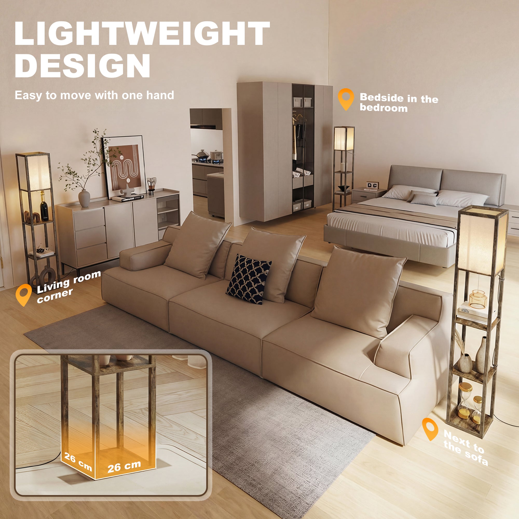 3-Tier Floor Lamp with Shelves and Storage, Modern Corner Standing Lamp with Lampshade, Reading Light with Foot Switch for Living Room, Bedroom, Home Office, Bulb not Included, Brown