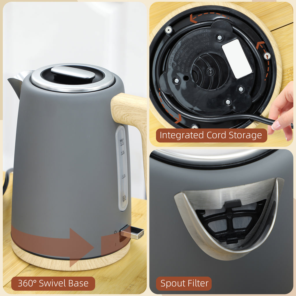 Stainless Steel Kettle and Toaster Set, 1.7L 3000W Fast Boil Kettle & 2 Slice Toaster Kitchen Set with 7 Level Browning Controls, Defrost, Reheat, Auto Off, Boil-dry Protection, Grey