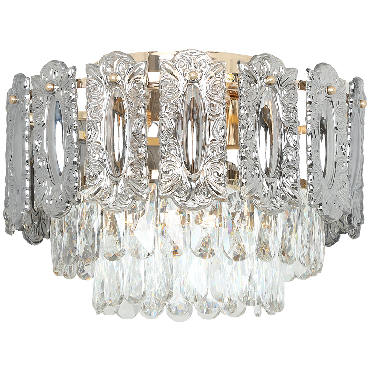 Chandelier Ceiling Light, 3-Light Flush Mount Fixture with Dual Crystal and Smoke Glass Shade, 40 cm LED Ceiling Light for Living Room Bedroom, 3 E14 Sockets, Bulbs Not Included, Gold Tone
