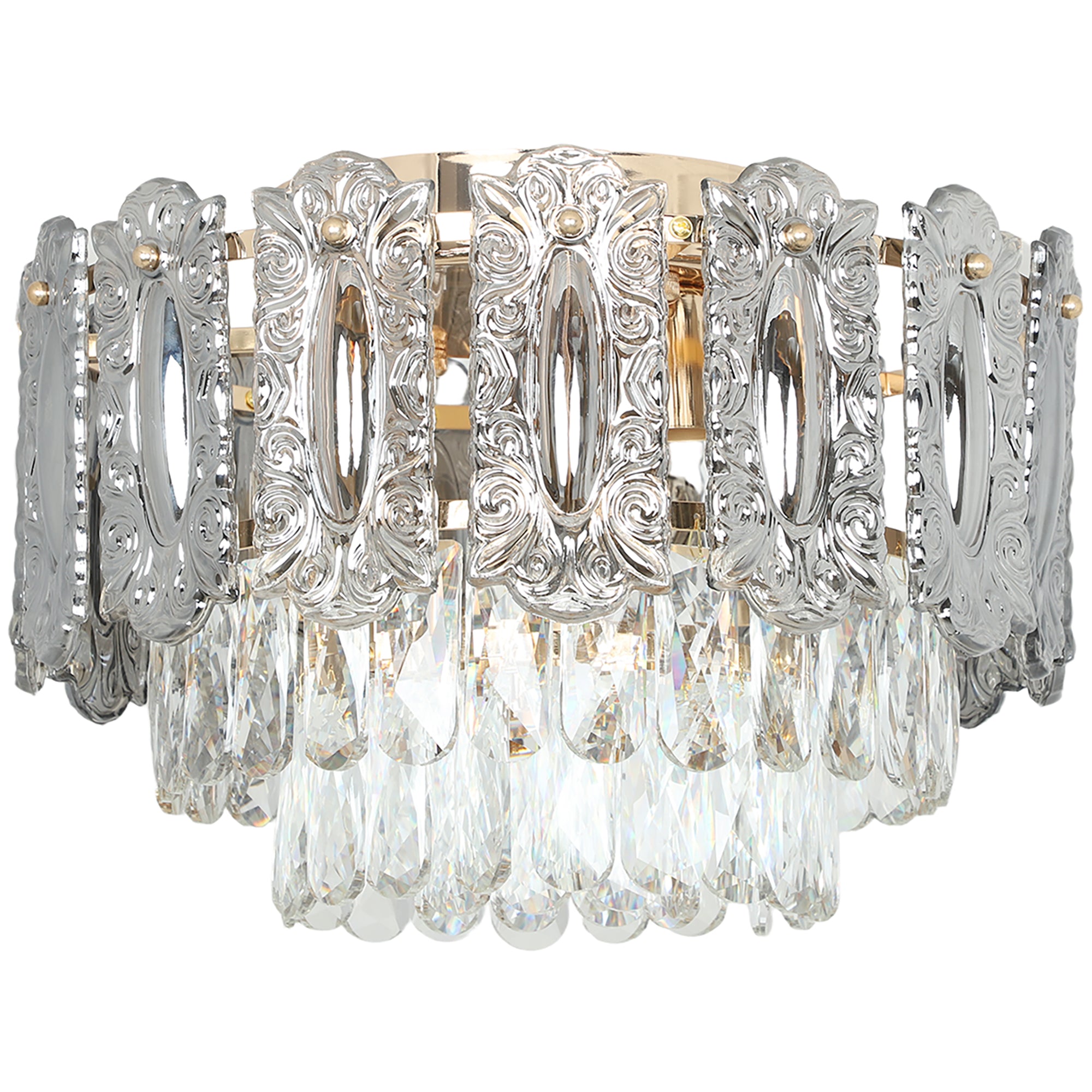 Chandelier Ceiling Light, 3-Light Flush Mount Fixture with Dual Crystal and Smoke Glass Shade, 40 cm LED Ceiling Light for Living Room Bedroom, 3 E14 Sockets, Bulbs Not Included, Gold Tone