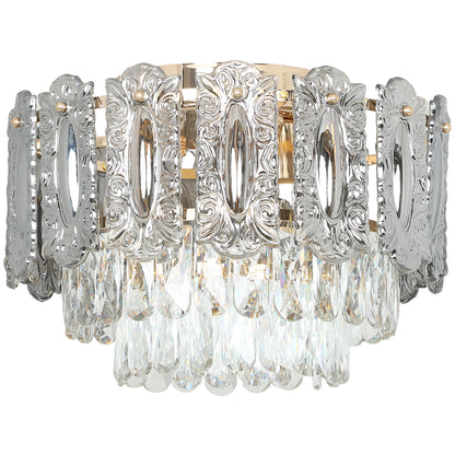 Chandelier Ceiling Light, 3-Light Flush Mount Fixture with Dual Crystal and Smoke Glass Shade, 40 cm LED Ceiling Light for Living Room Bedroom, 3 E14 Sockets, Bulbs Not Included, Gold Tone