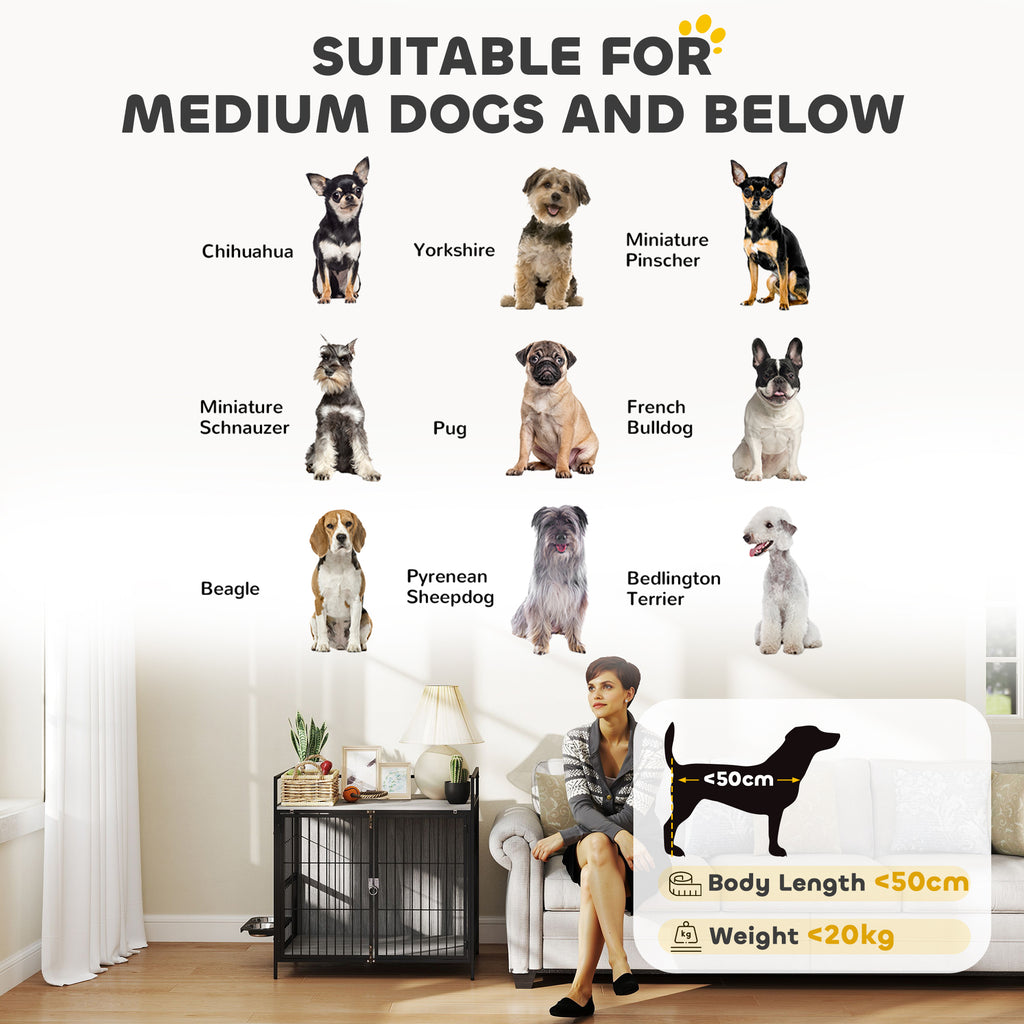 PawHut Dog Crate Furniture with Rotating Bowl Holder, 2 Bowls, 2 Doors, for Medium Dogs, 80 x 56 x 76.5 cm, Grey