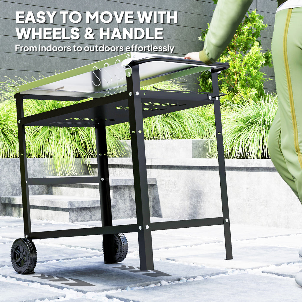 Outsunny BBQ Trolley with Stainless Steel Top Adjustable Shelf, Outdoor Kitchen Barbecue Station with Hooks Seasoning Tray Towel Rack, Pizza Oven Table Movable Grill Dining Cart with Cover, Black