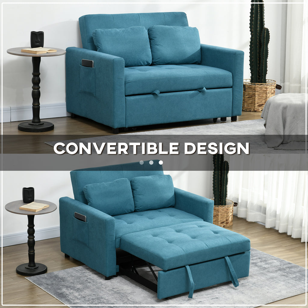 HOMCOM Loveseat Sofa Bed, Convertible Bed Settee with 2 Pillows, Side Pockets, Blue