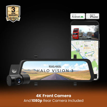 Road Angel Halo Vision 3 Deluxe Rear View Mirror 4K Dual Dashcam with 64GB SD Card & Hardwire Kit