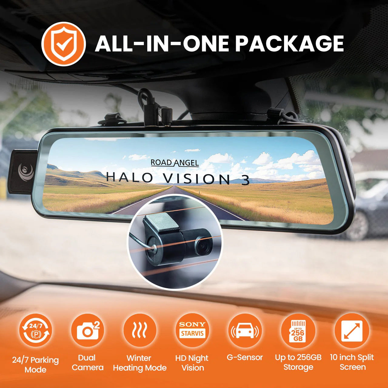 Road Angel Halo Vision 3 Deluxe Rear View Mirror 4K Dual Dashcam with 64GB SD Card & Hardwire Kit