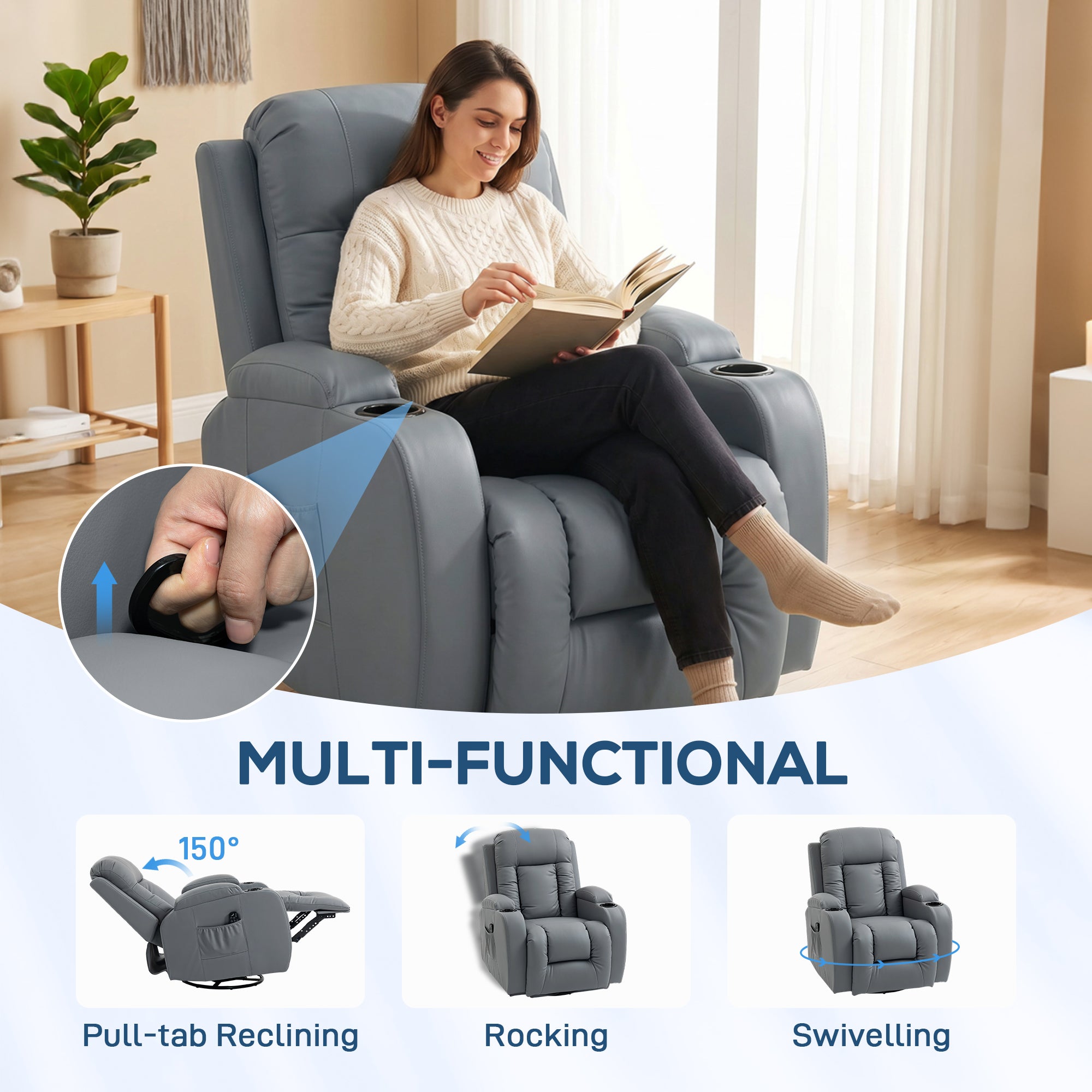 HOMCOM Massage Recliner Armchair, PU Leather Recliner Chair, Grey