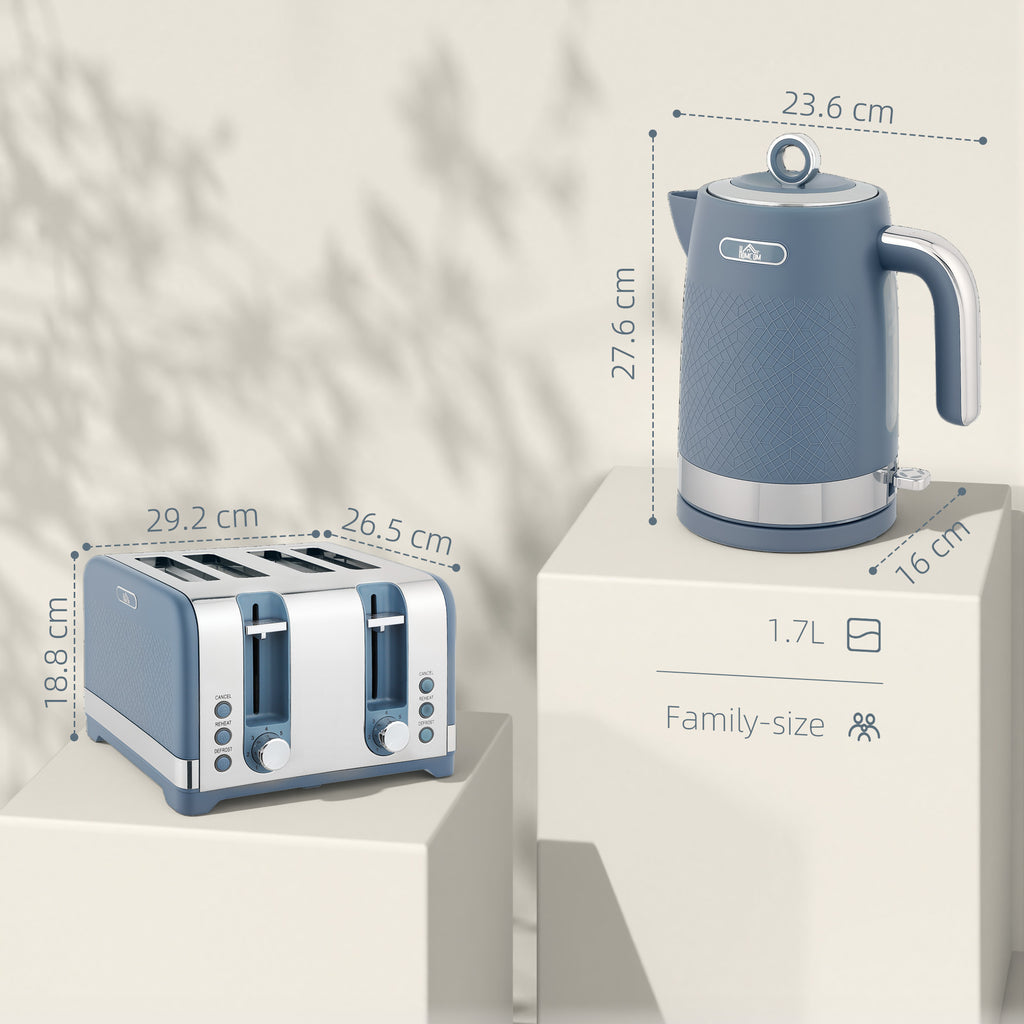 Sleek Textured Kettle and Four-Slice Toaster Set - Blue
