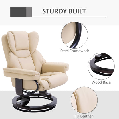 360° Swivel Recliner Chair with Footstool, PU Leather Manual Recliner Armchair with Footstool, Solid Wood Base, Upholstered Reclining Chair for Living Room, Bedroom, Office, Cream