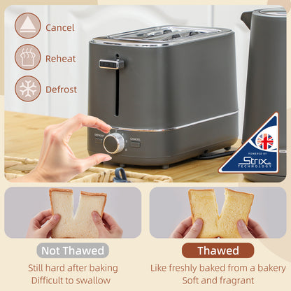 Kettle and Toaster Set, 1.7L 3000W Fast Boil Kettle & 2 Slice Toaster Kitchen Set with 6 Level Browning Controls, Defrost, Reheat, Grey