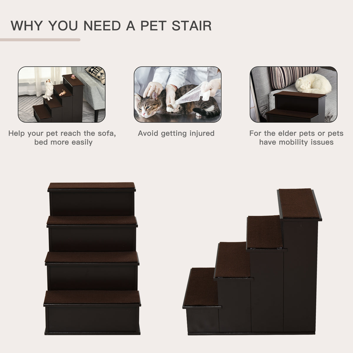 PawHut 4 Step Dog Steps for Bed, Wooden Dog Steps for Sofa, Pet Stairs for Bed Couch with Non-Slip Carpet for Cats and Puppies, 40 x 59 x 54.2 cm, Dark brown