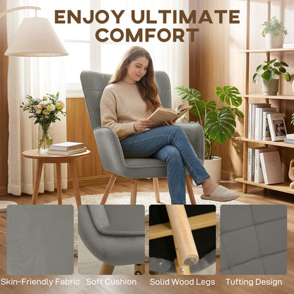 Modern Accent Chair, Upholstered High Back Armchair with Tufted Wingback, Seat Padding, Velvet Leisure Lounge Bedroom Chair with Wood Legs, Grey