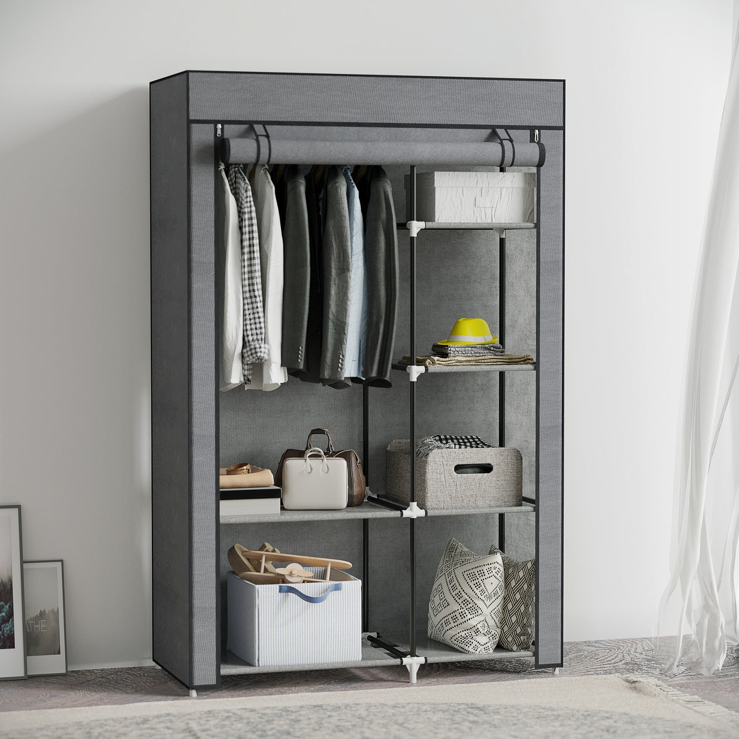 Fabric Wardrobe w/ Shelves Hanging Rail Foldable Wardrobe Dark Grey