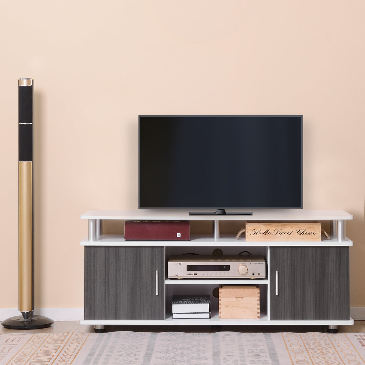 TV Cabinet Unit for TVs up to 50'' with Storage Shelf and Cupboards, Living Room Entertainment Center Media Console, Grey and White