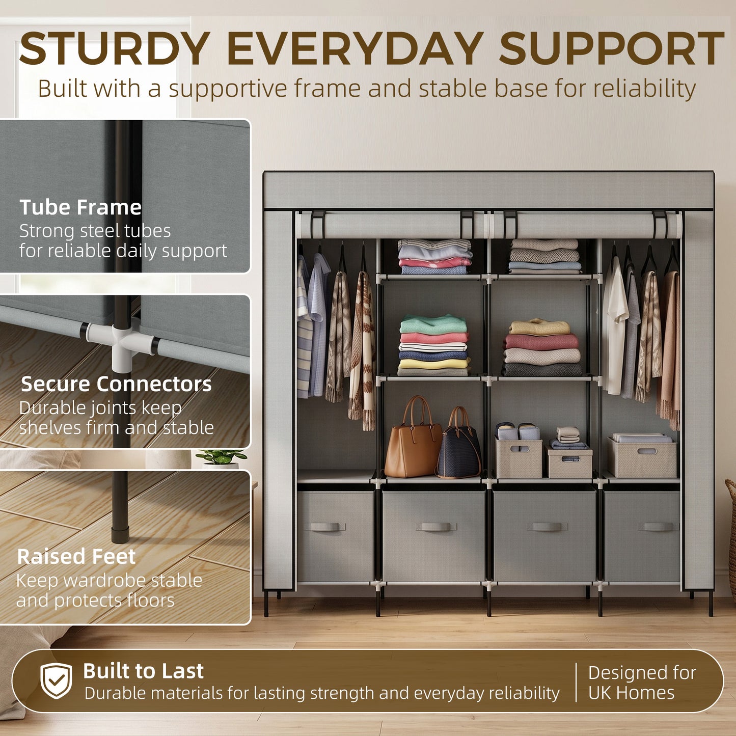 Fabric Wardrobe for Bedroom, Portable Cloth Wardrobe with 10 Compartments, 2 Hanging Rails and 4 Fabric Drawers, 166 x 42.5 x 169.5cm, Dark Grey