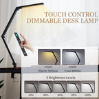 LED Desk Lamp, Dimmable Desk Light with Swing Arm and Clamp, Adjustable Eye-Caring Table Lamp with 2 Colour Modes & 5 Brightness Levels for Study, Drawing, Office, Architect, Task, Black