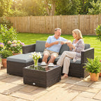 Outsunny 3 Pieces Garden Furniture Set w/ Cushions, PE Rattan Wicker Conversation Corner Sofa Set, Light Grey