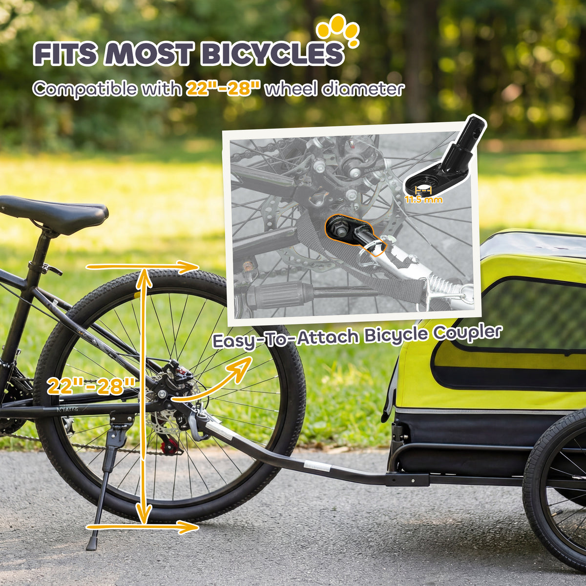 PawHut Dog Bike Trailer with Flip-Down Ramp Tailgate, Quick Release Frame, Universal Bicycle Coupler, Reflectors, Yellow