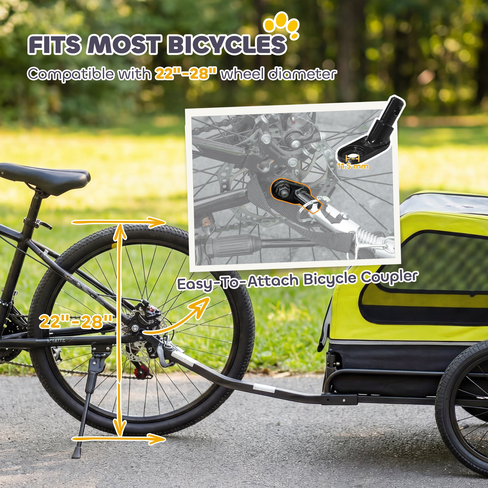 PawHut Dog Bike Trailer with Flip-Down Ramp Tailgate, Quick Release Frame, Universal Bicycle Coupler, Reflectors, Yellow