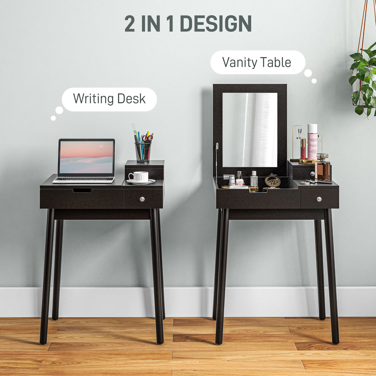 Dressing Table with Flip-up Mirror, Makeup Desk with 2 Drawers and Pine Wood Legs, Vanity Table Writing Desk for Bedroom Living Room, Black