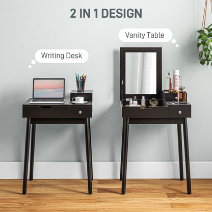 Dressing Table with Flip-up Mirror, Makeup Desk with 2 Drawers and Pine Wood Legs, Vanity Table Writing Desk for Bedroom Living Room, Black